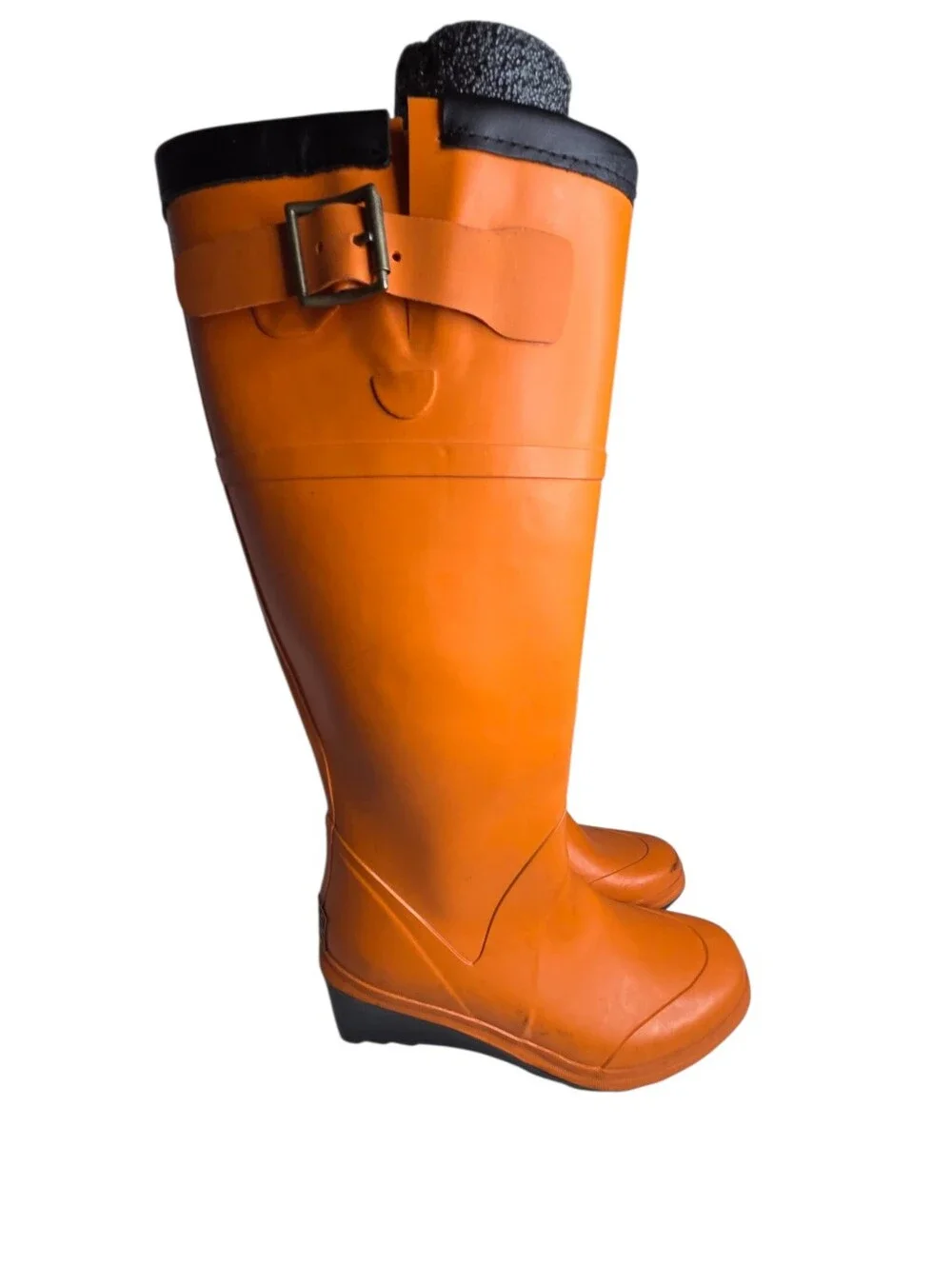 KORS Michael Kors Rain Boots Orange Wedge Buckle Knee High Tall Rubber Womens 8